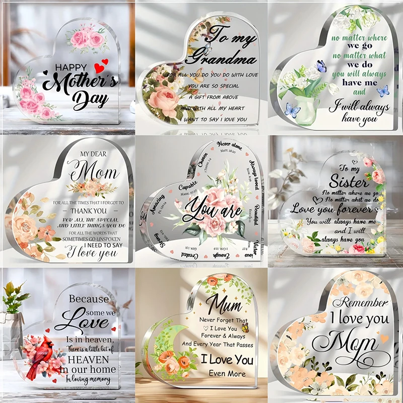 Adornos de placa decorativa acrílica en forma de corazón transparente plano 2D, regalo de cumpleaños para regalos conmemorativos del Día de la madre feliz, 1 ud.