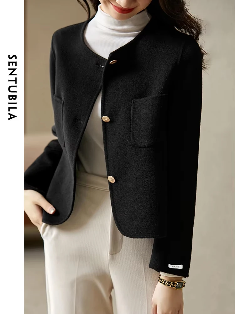 

SENTUBILA 100% Wool Coat Woman 2024 Autumn Winter Elegant Single Breasted Round Neck Straight-cut Short Wool Jackets Outerwear