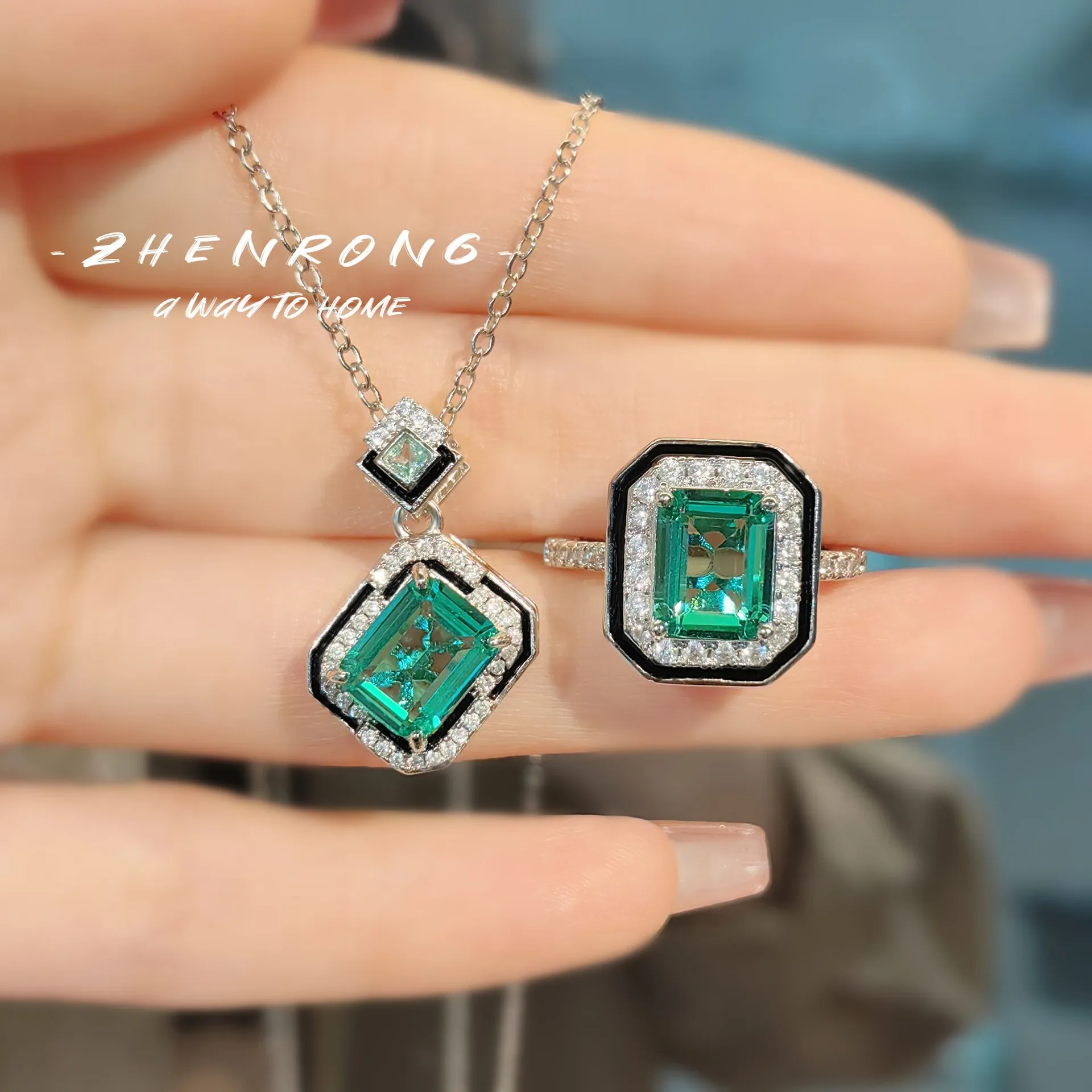 New Fashion Luxury Light Green Tourmaline Open Rings Women's Stud Earrings Pendant Necklaces Jewelry Sets For Women