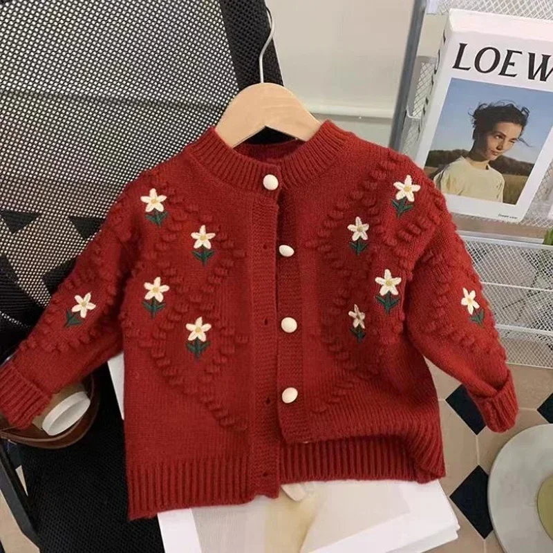 

Baby Girl Autumn Winter Embroidered Sweater Coat Children's New Knitted Cardigan Fashionable Knitted Top Versatile Clothing