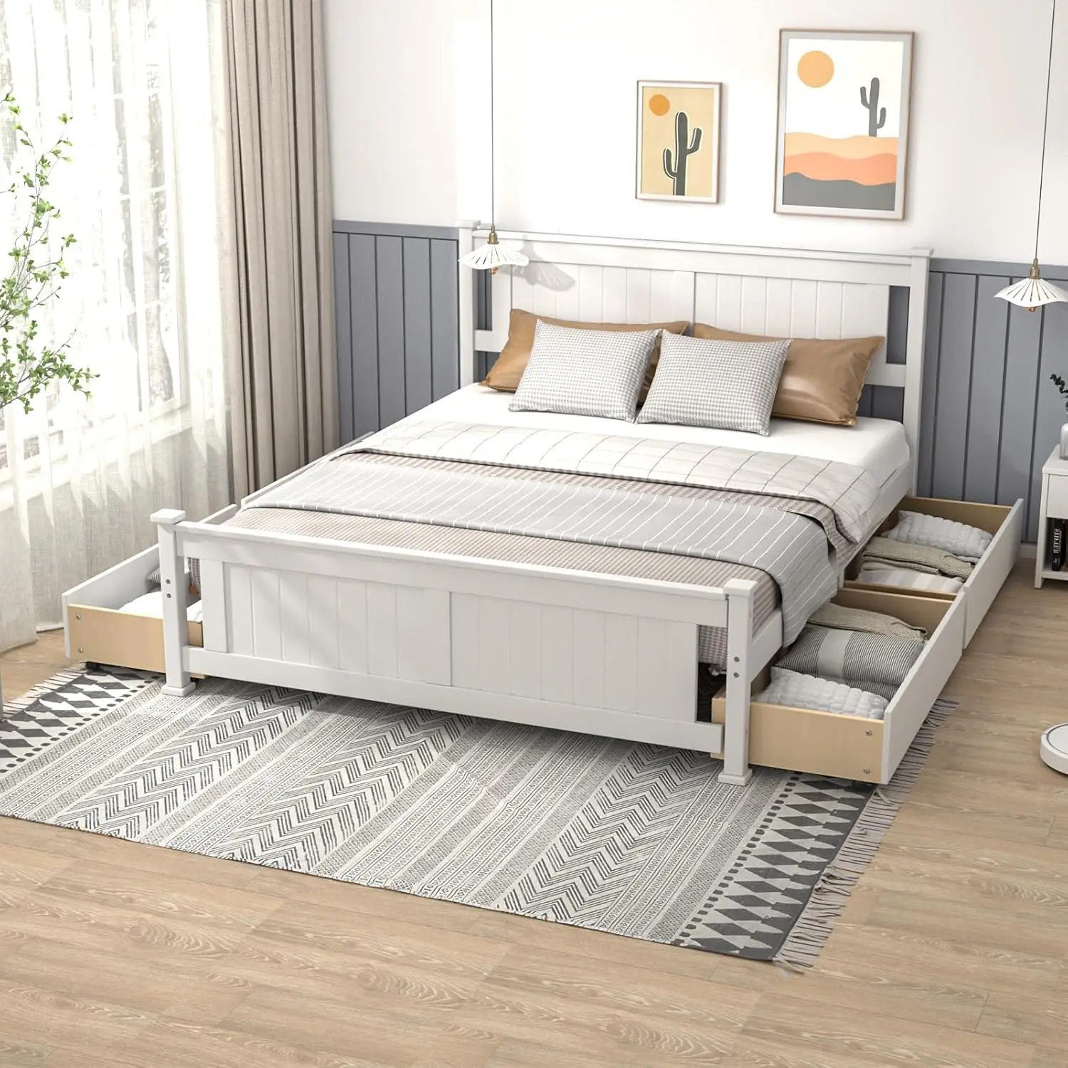 Vingli Wood Queen Size Bed Frame With 4 Storage Drawers, Solid Wood Platform Bed With Headboard, Spave-Saving Queen Bed For