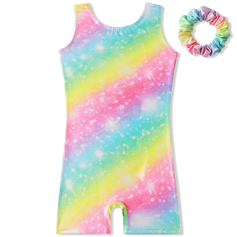 Girls' Sleeveless Gymnastics Leotards For 4-10 Years Old Fashion Print Ballet Dancewear Boxer Shorts Bodysuit With Hairband