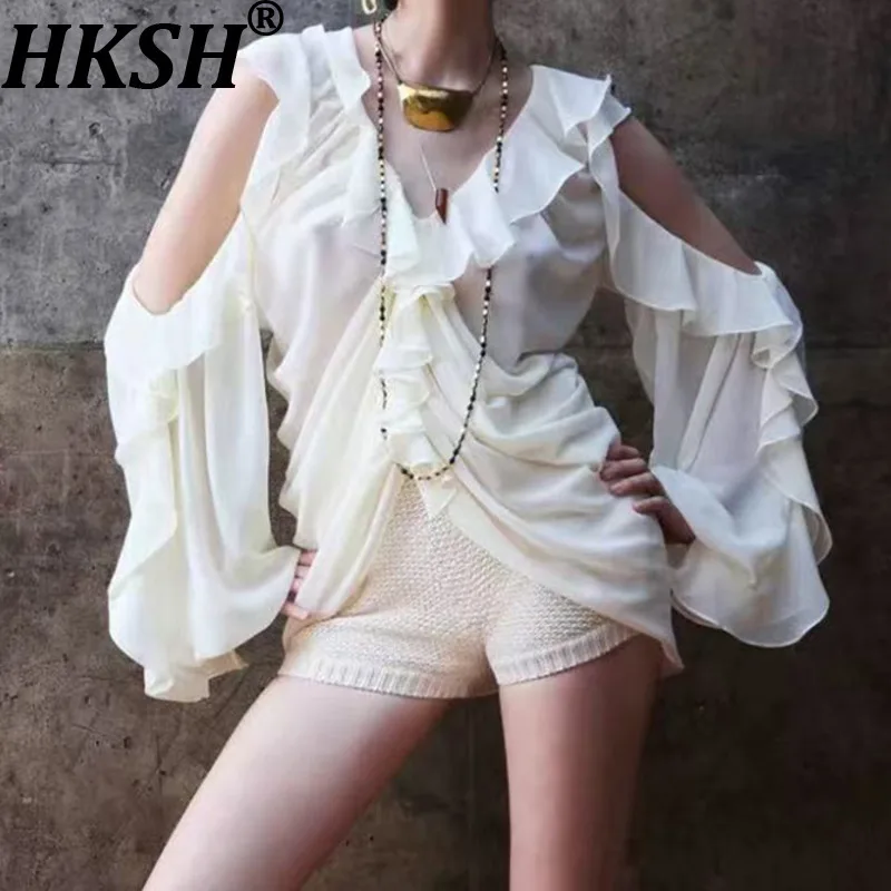 

HKSH Summer New Women Tide Chic Shirt Style Ruffle Pleated Design Off-Shoulder Solid Color Elegant Sweet High Street Tops HK8160