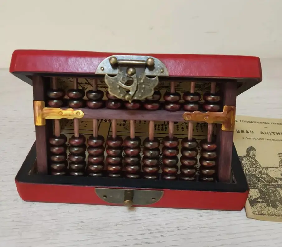 Antique China Wooden Bead Abacus Leatherette Dragon phoenix box Instruction