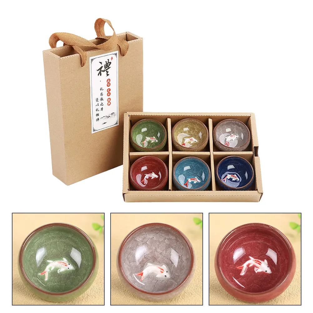 6Pcs Ceramic Fish Tea Set Ice Crack Design Teacup Set for Housewarming Gift Family Tea Time Heat Insulated Elegant Look