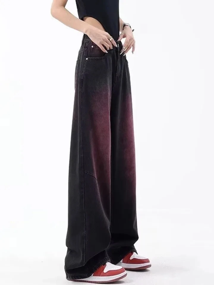 

Purple Smudged Black Wide-Leg Jeans, High-End Loose 2024 Autumn New Niche Design, Street Wear, Slim Trousers