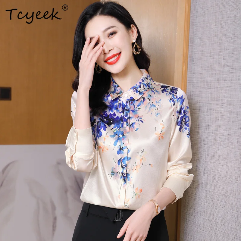 Tcyeek 90% Jedwab Morwowy 10% Spandex Koszula z Nadrukiem Temperamentna Jesień Zima 2023 Długi Rękaw Uniwersalna Bluzka Damska T30302QC