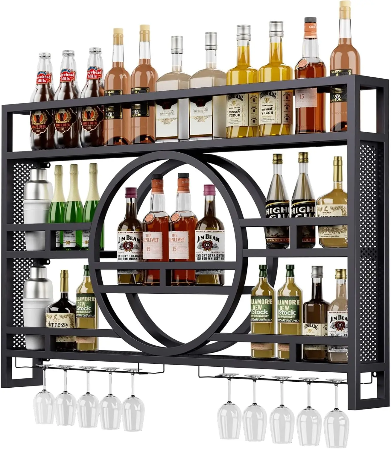 

3-Tiers 39in Wine Rack Wall Mounted, Floating Bar Shelves with Wine Glass Holder Hanging Industrial Liquor Shelf, Wall