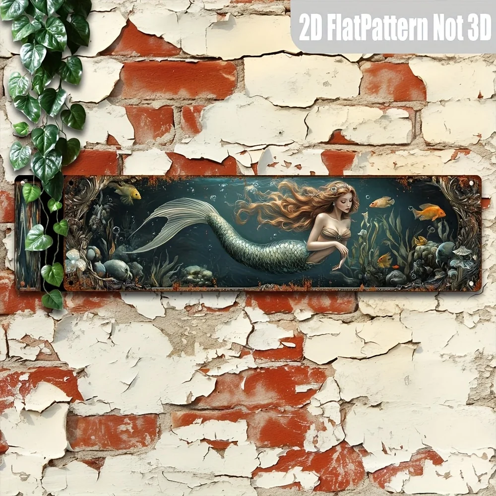 Meerjungfrau-Blechschild, 2D-Wandkunst, Vintage-Metallgemälde, 15,75 Zoll, rustikale Heimdekoration, Café, Bauernhaus, einzigartiges Geschenk