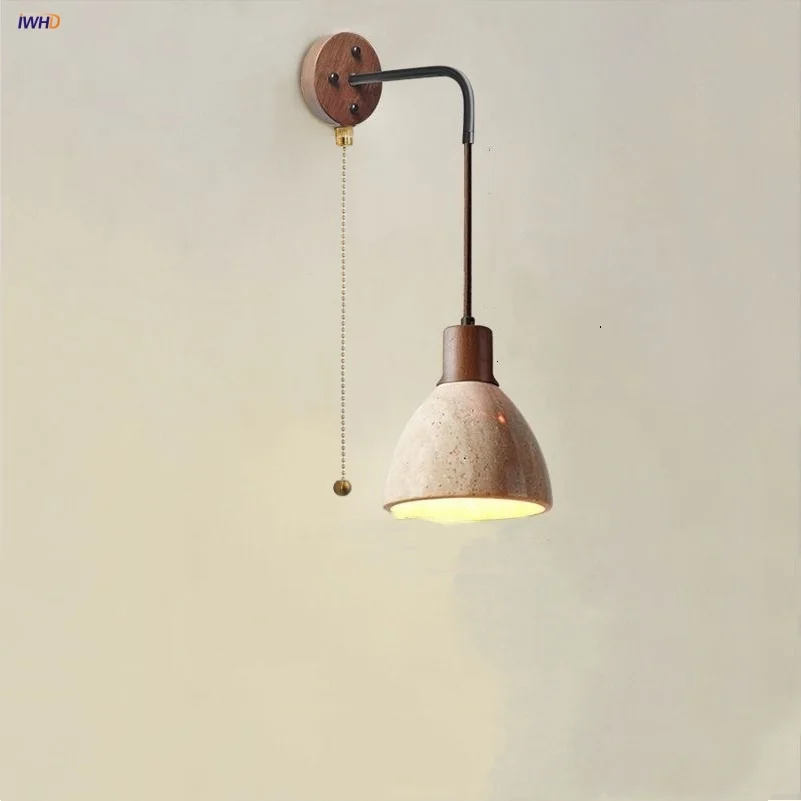 IWHD Yellow Travertine LED Wall Lamp Sconce Pull Chain Switch Kitchen Hotel Cafe Nordic Modern Wood Bathroom Stair Mirror Light