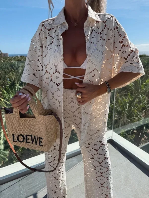 

Fashion Lace Two Piece Set Lady Loose Lapel Half Sleeved Single Breasted Shirt Casual Trousers Suit Sexy Hollow Women Clothing