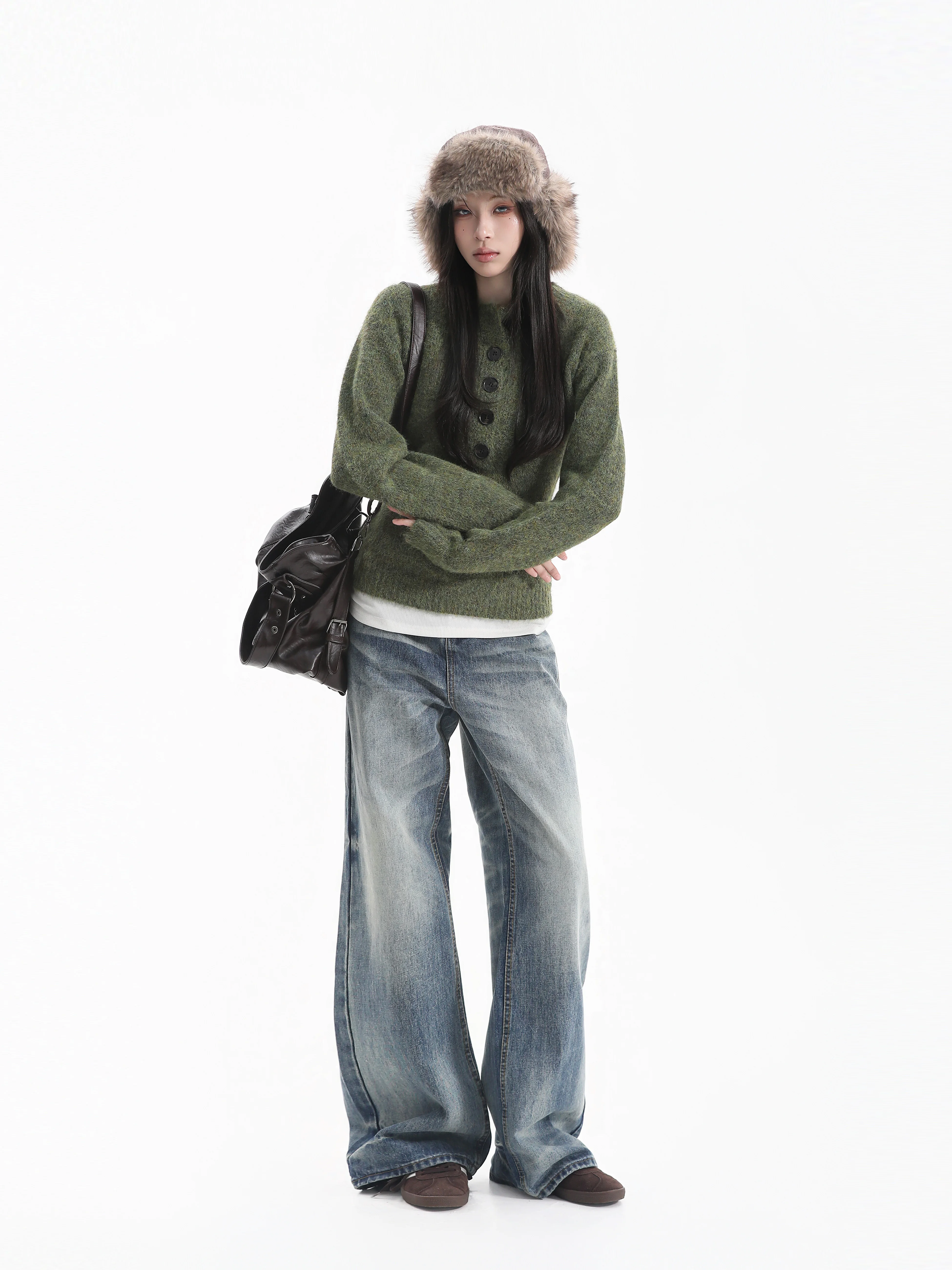 Slim Fit Knitted Sweater Henry Collar College Style Waist Cinched Korean Anti-Aging Lazy Feel Short Length Casual Fashion