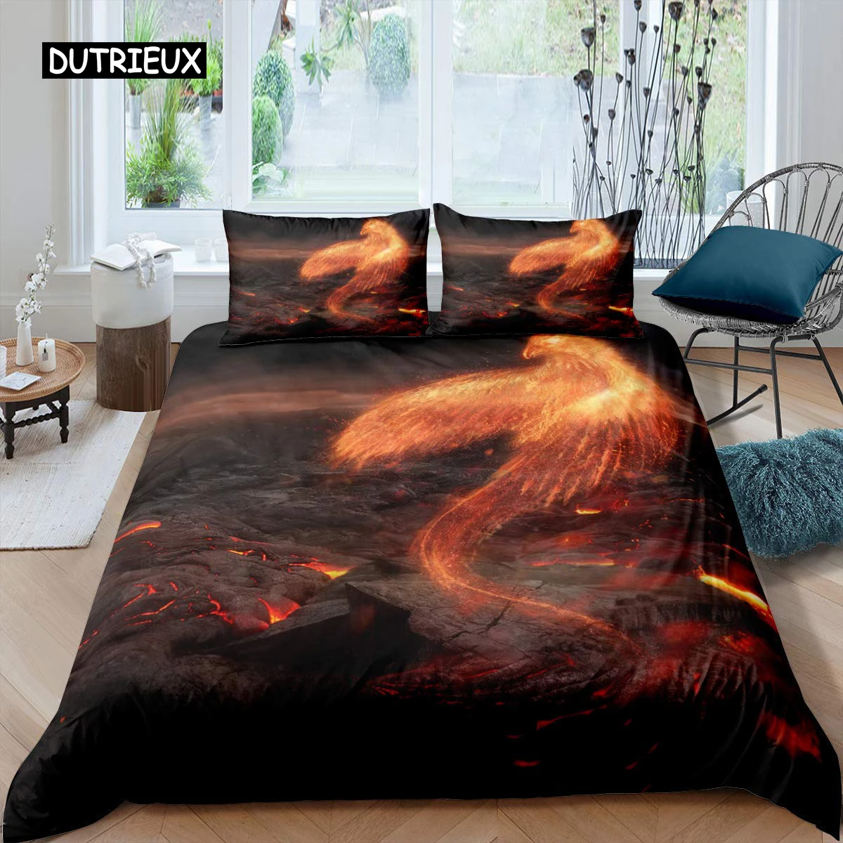 Phoenix Duvet Cover Set Queen Size Fire Phoenix Flying Above The Volcano Bedding Set Children Adult Soft Comfortable Quilt Cover