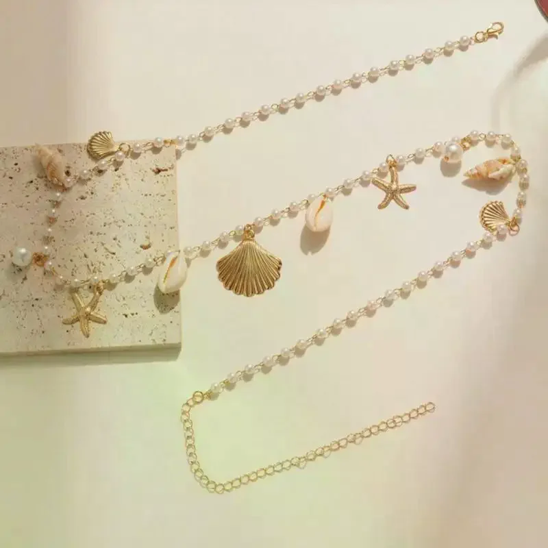 Y2k Waist Chain - Sea Star Pearl Shell Link, Beach Bikini Body Jewelry