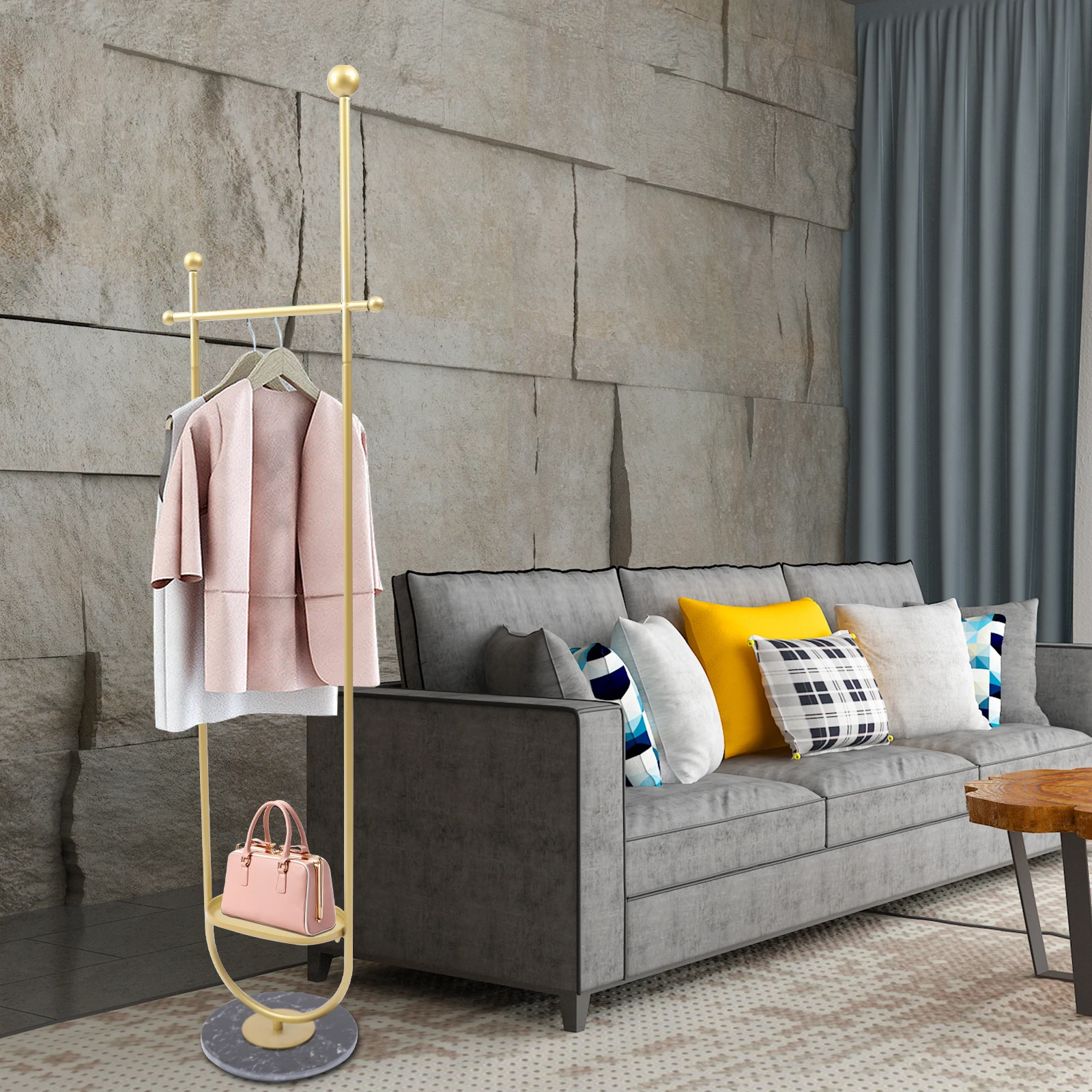 Garment Hanger Hats Holder Gold Clothes Rack with Tray Storage Closet Rail Stand