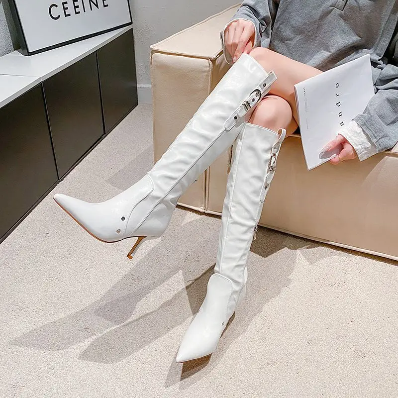 

Women Rivet Decorated Belt Buckle High Boots Pointed High Heels Long Boots Outdoor Side Zipper Casual Women Boots Comfortable