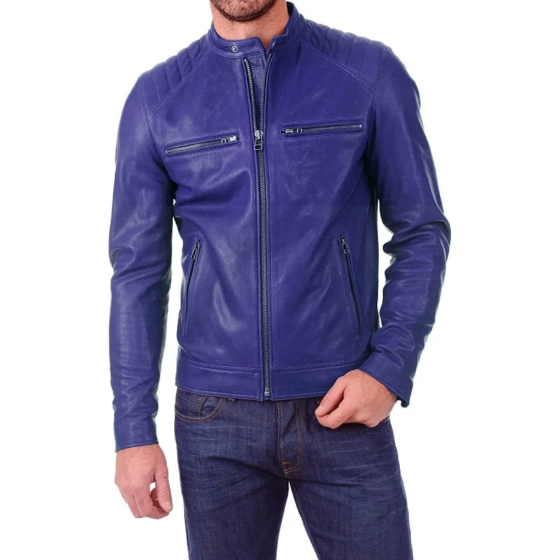 Men's Genuine Sheepskin Leather Jacket Motorcycle Biker Blue High Quality Zipper