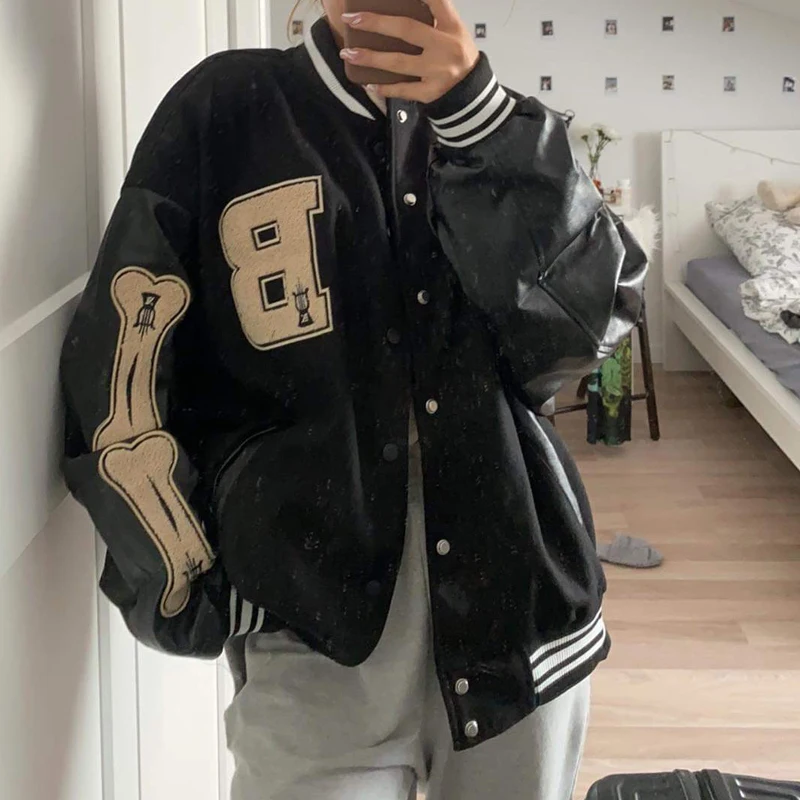 

Varsity Baseball Bomber Jacket Women Hip Hop Harajuku Bone Letter Patchwork Leather Jackets Streetwear Men Unisex College Coats