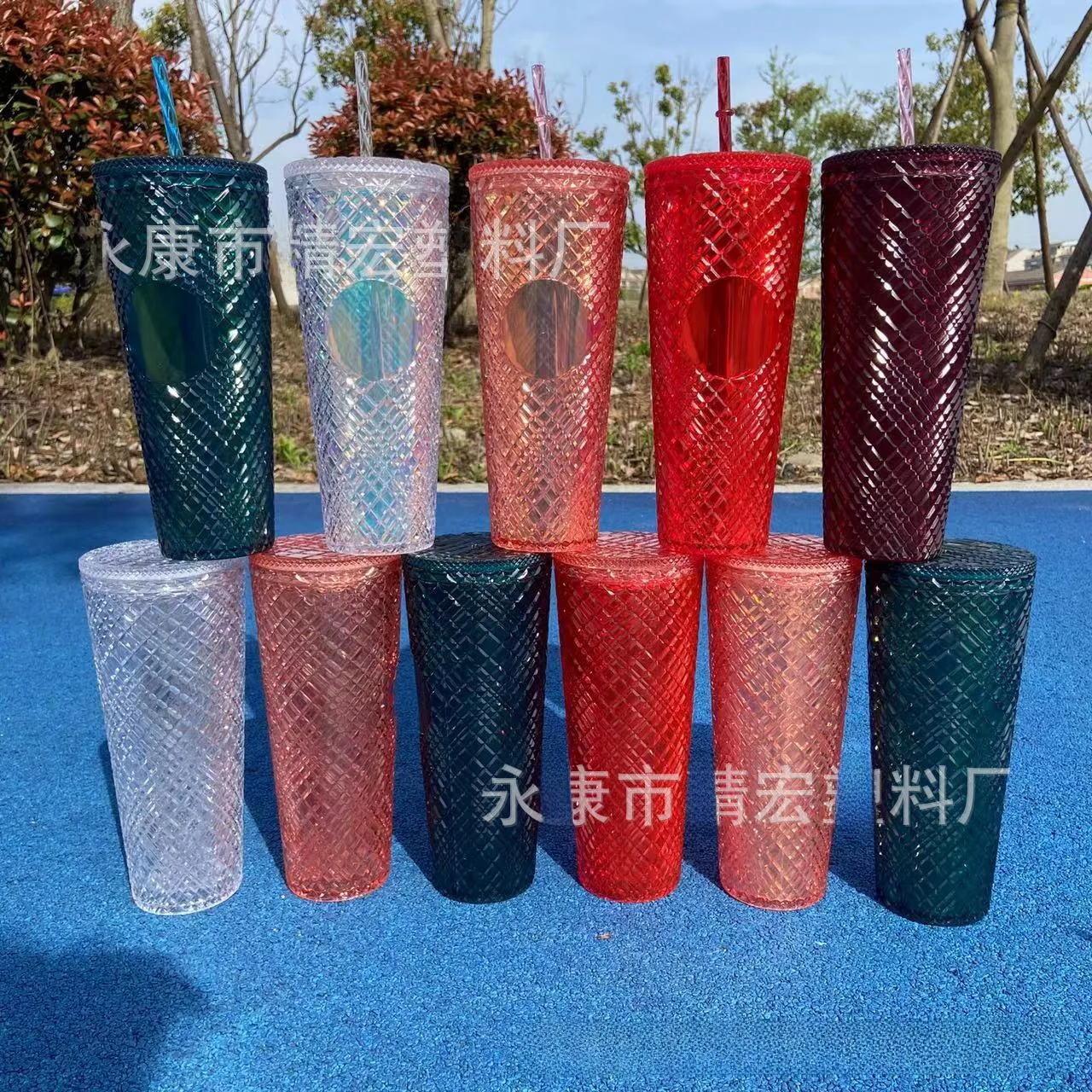 New cross-border double layer durian Cup plastic cup with straw 24oz outdoor printing water cup Diamond Cup gemstone Cup Tatreez