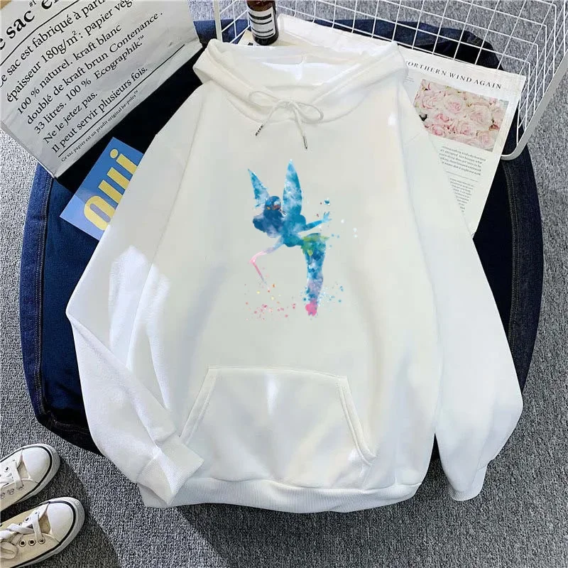 Kawaii Tinker Bell Women Hoodies Print Aesthetic Hoodies Tops Long Sleeve Pockets 90s Fashion Hooded Sweatshirts Clothes