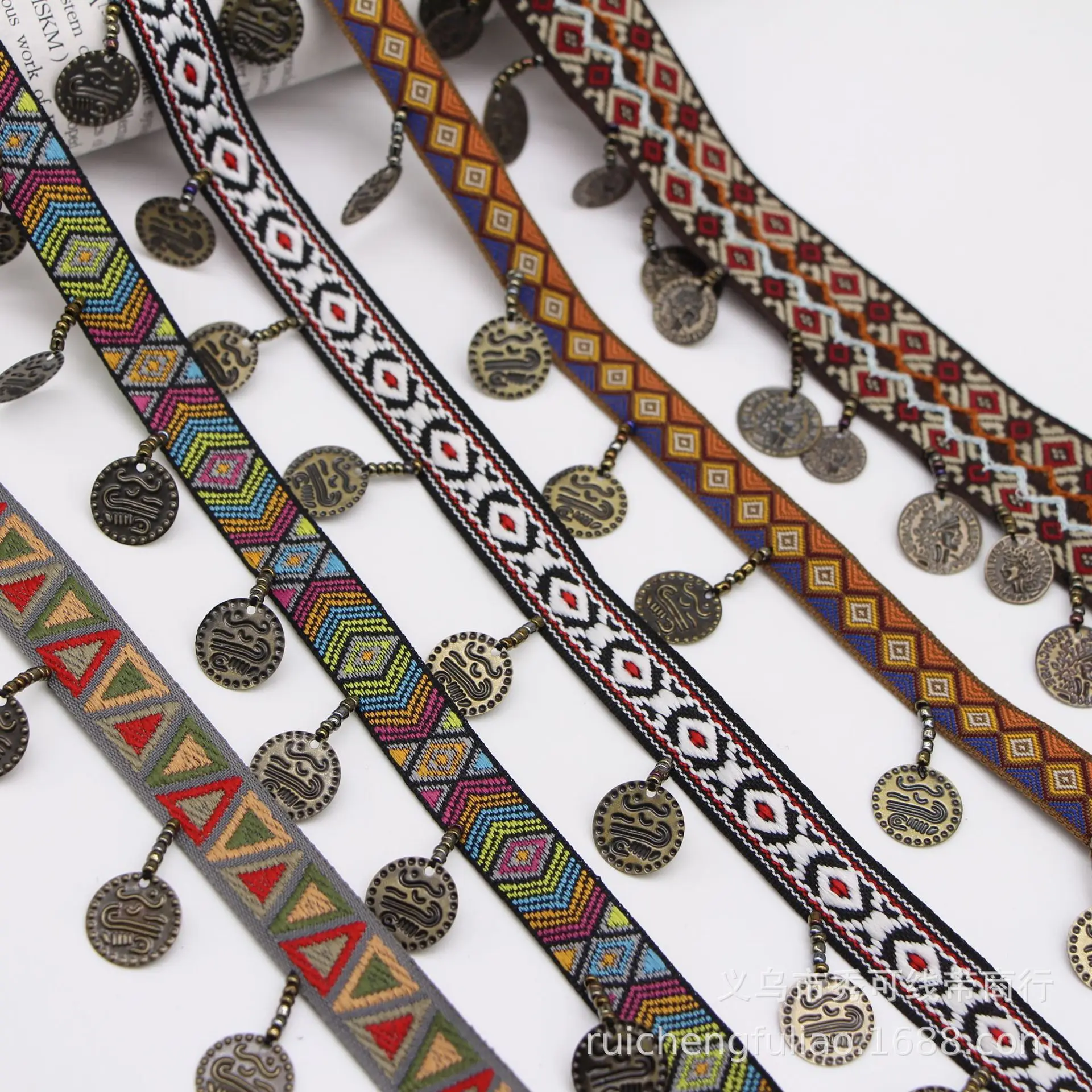 

Bohemian Style Vintage Beauty Head Beaded Woven Ribbon Handmade Hanging Copper Piece Lace Trim Ethnic Women's Clothing Accessory