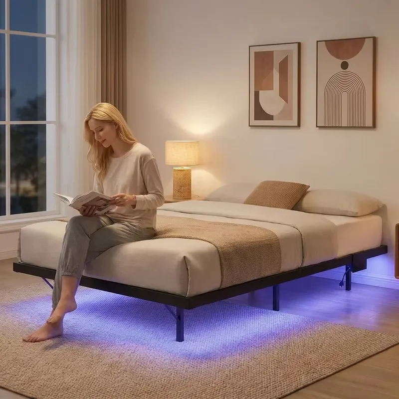 Heavy Platform Bed with USB Type-C Charging Station and LED Light Strip Queen King Size Floating Metal Bed Frame