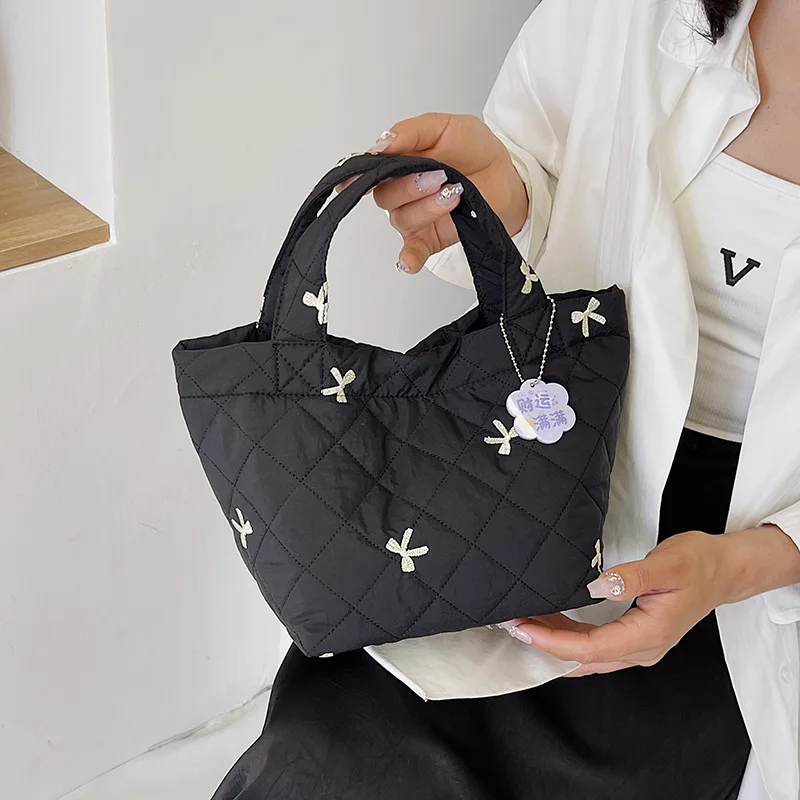 

Korean Simple Bow Cotton Bag Women Fashion Bucket Bags Temperament Shopping Pack Casual Lightweight Nylon Versatile Handbag