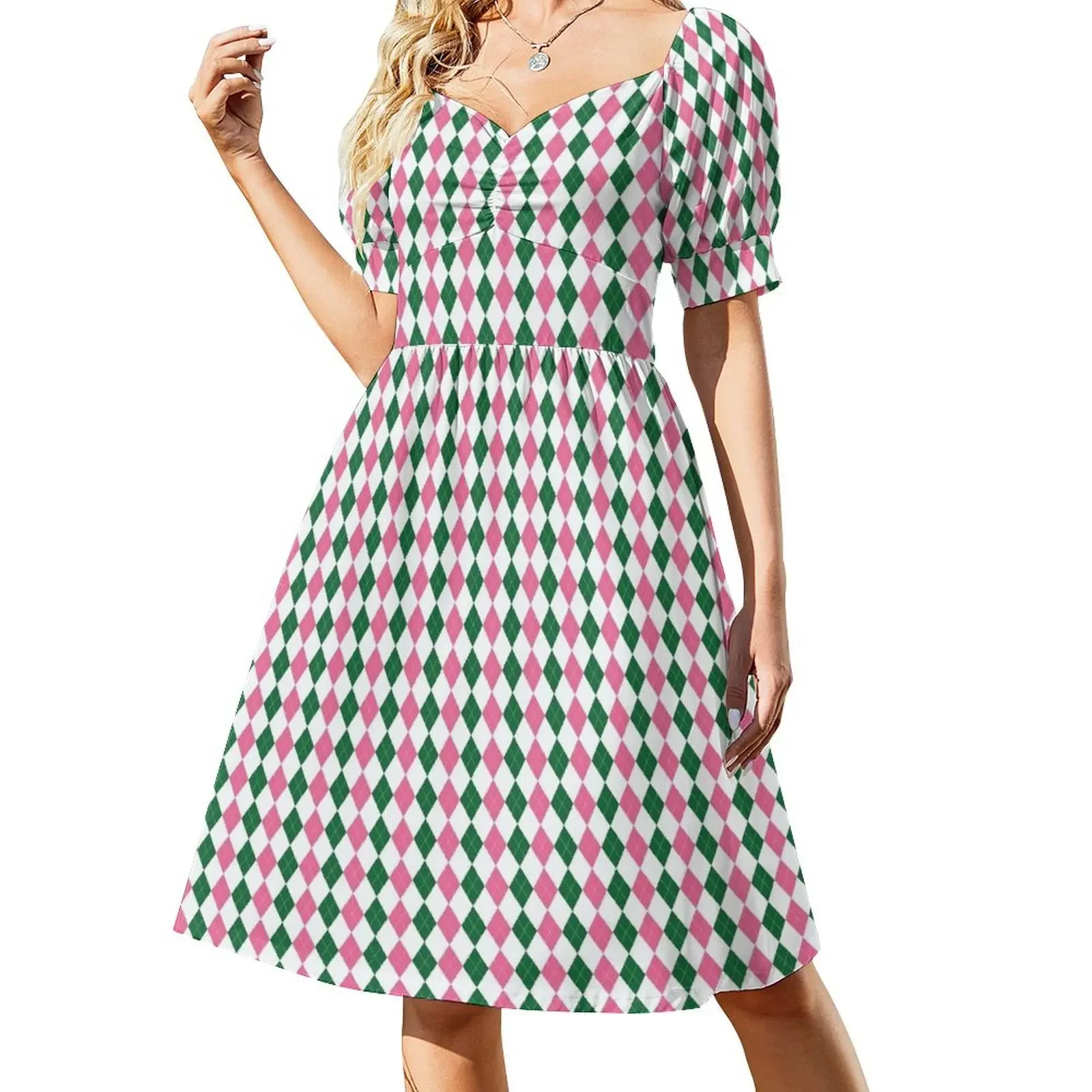 Green Pink and White Argyle Pattern Diamond Checks Sleeveless Dress dress women elegant luxury dresses summer woman 2024