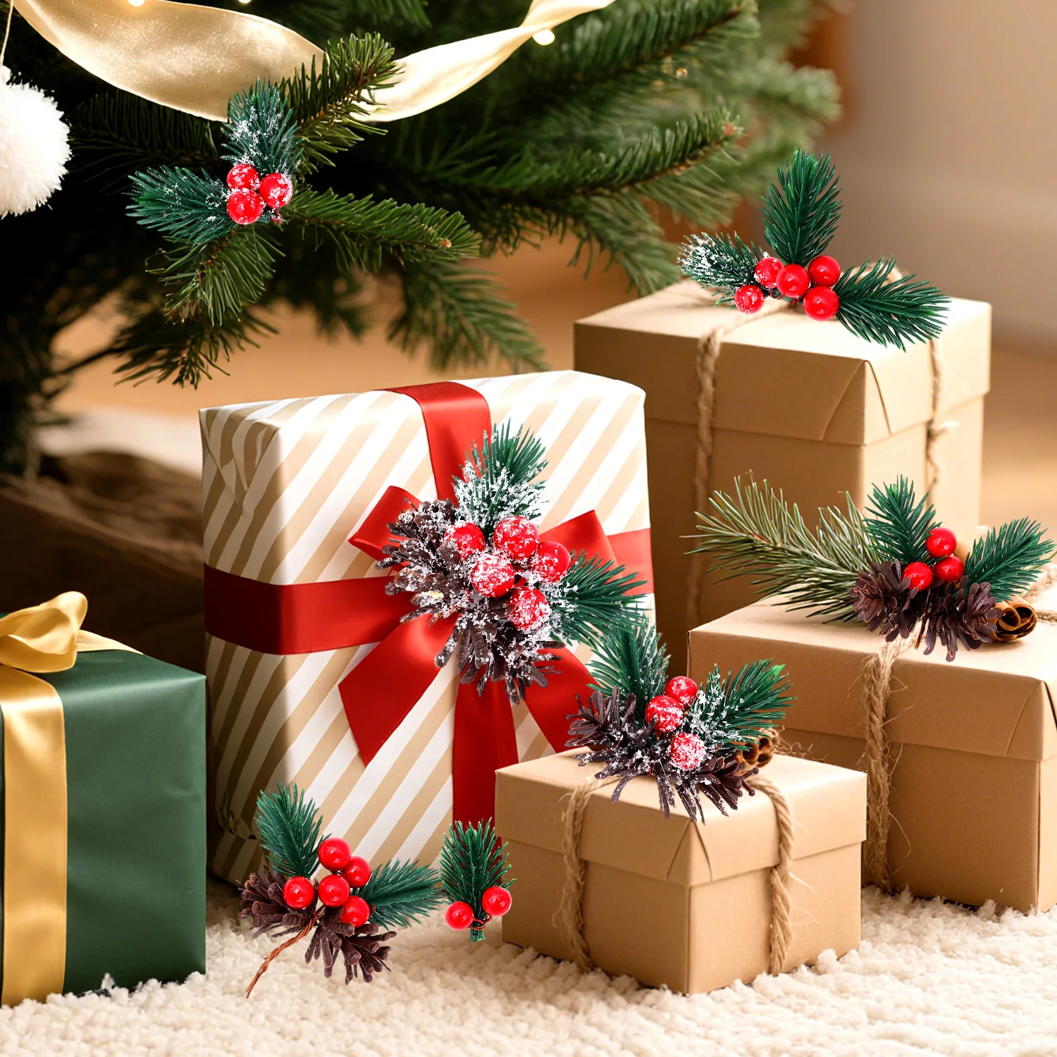 5/50 قطعة عيد الميلاد التوت ينبع دائم الخضرة الثلوج توافدوا فرع الصنوبر الاصطناعي التوت ديكور الصنوبر مخروط شجرة عيد الميلاد فروع الإبر #5