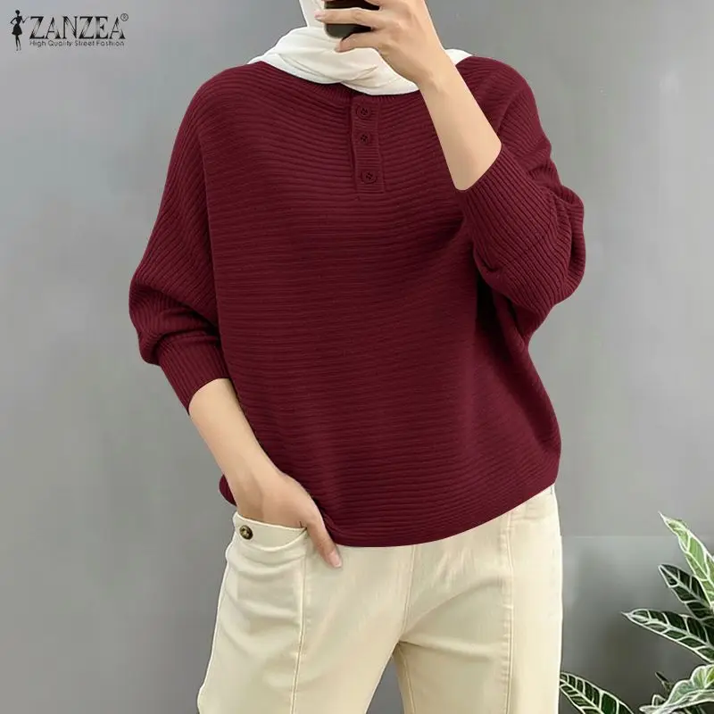 

ZANZEA Muslim Modest Fashion Women's Daily Casual T-Shirts Islamic Hijabs Ribbed Knit O-Neck Long Sleeve Solid Color Tops Tees
