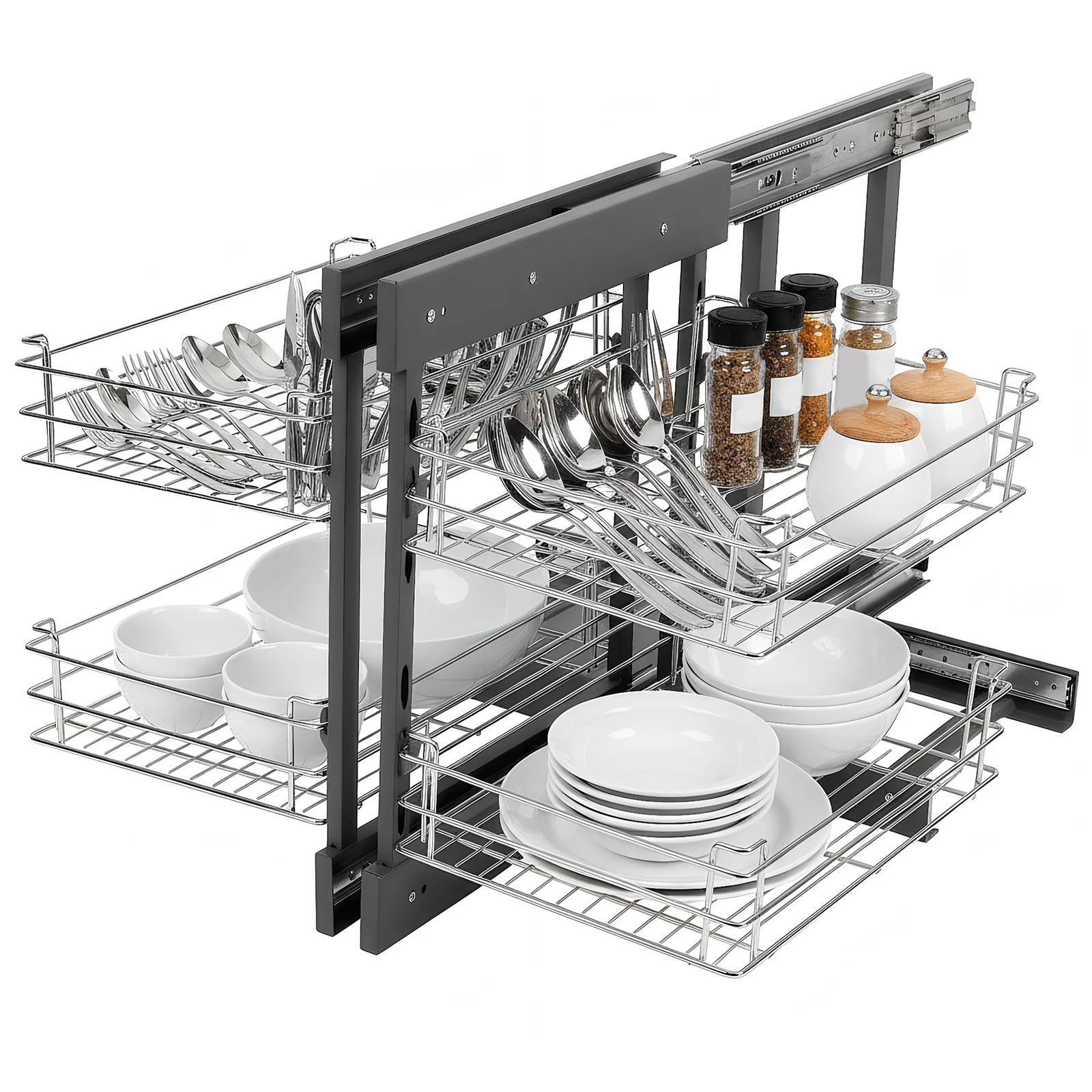 

Dual Tier Pull-Out Basket Damping Buffer Left Open & Right Open Compatible Carbon Steel Storage Basket for Blind Corner