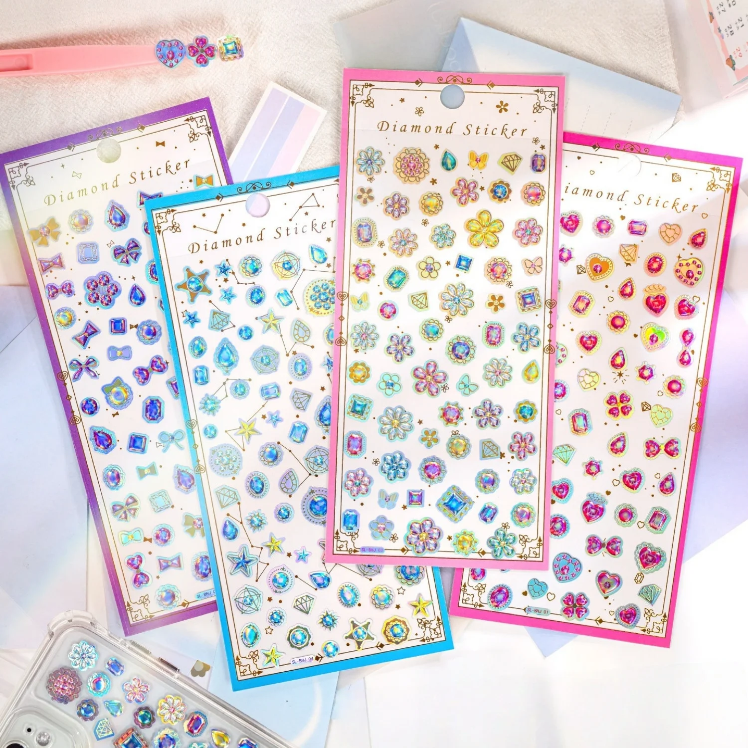 

4 pcs Glittery Gem Stars Hearts Flowers 3D Stickers Scrapbooking DIY Journaling Stationery Diary Cute Stickers School Gift