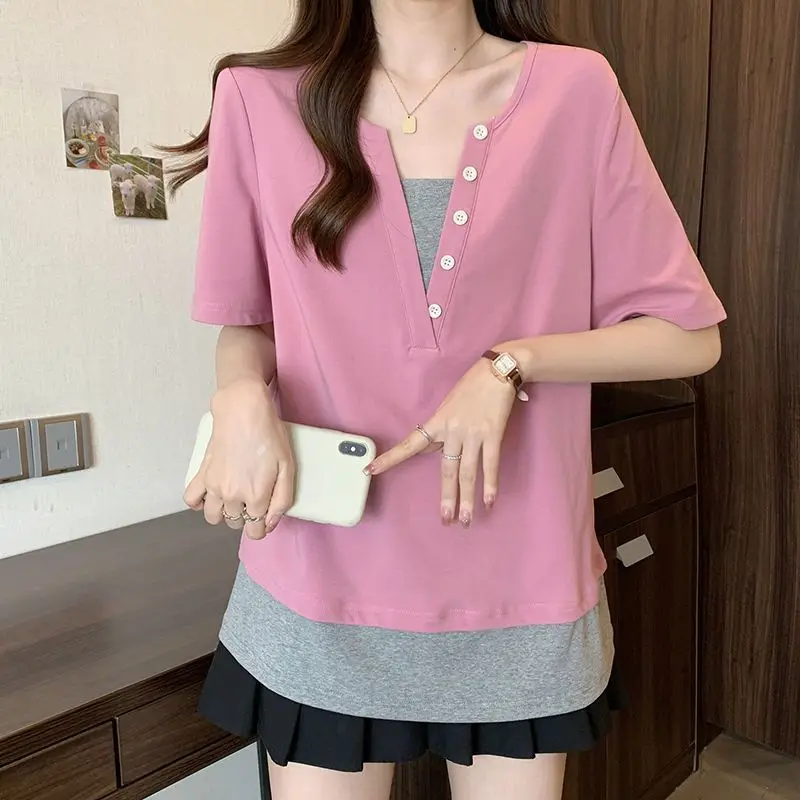 Women Summer Vintage Loose Large Size Appear Thin Buttons V-neck Short Sleeve T-Shirt Women Clothes Casual All-match Trend Tops