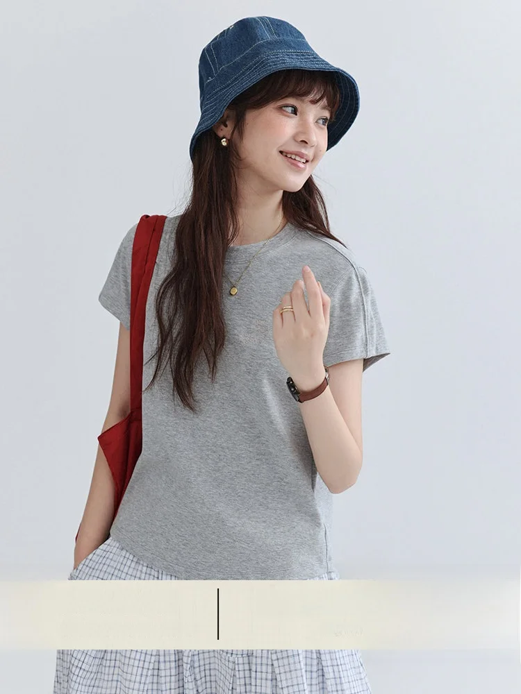 

North Island AMUU Original Cartoon Embroidery Grey Short Sleeve T-Shirt Women's Summer New Simple Commute Versatile Top