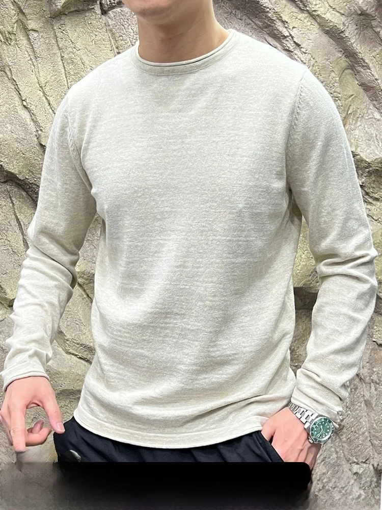 

Дышащий вязаный свитер для мужчин из мягкой хлопковой смеси с добавлением полиэстера, с длинными рукавами и круглым вырезом, стильный дизайн.