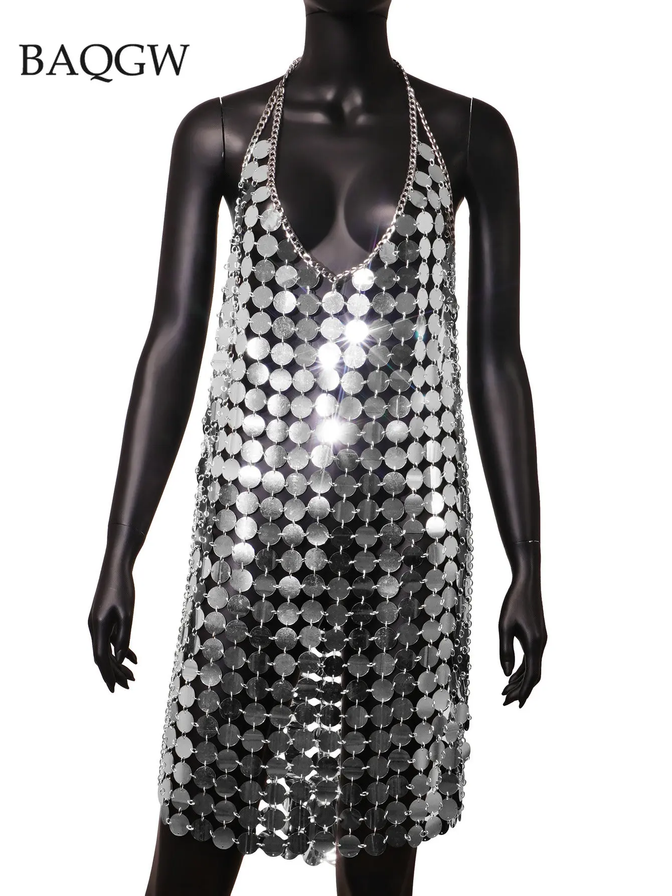 Imagem -06 - Mini Vestido sem Mangas sem Encosto Feminino Diana Prata Disco Lantejoulas Preto Dourado Chainmail Patchwork Sexy Moda