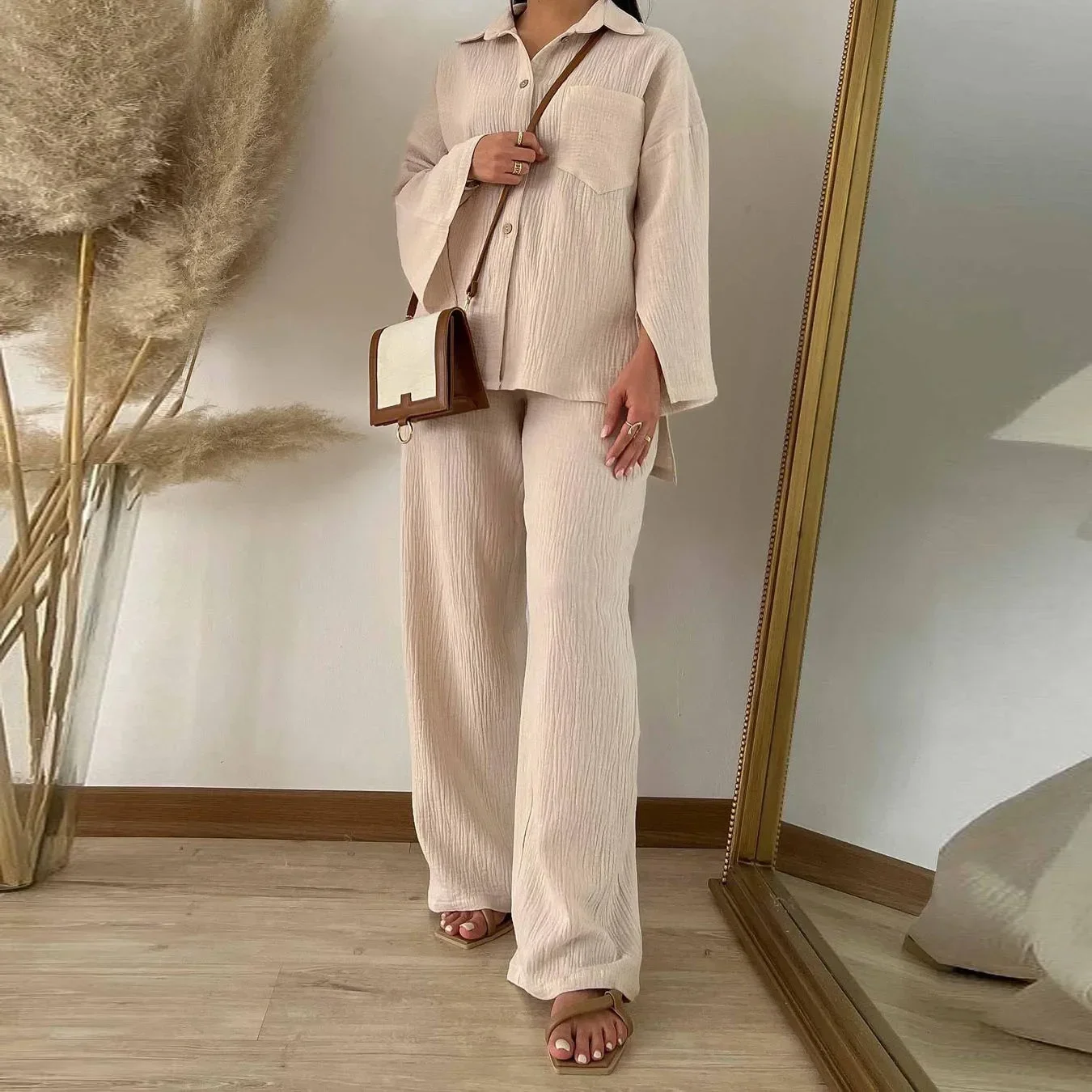 

Loose Women Pant Sets Blouse Wide Leg Pants Suit Set Pocket Long Sleeve Single Breasted Blouse Top Two Piece Vacation Elegant