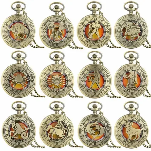 Antique Hollow Twelve Constellation Roman Number Dial Women Men Bronze Quartz Pocket Watch Necklace Sweater Chain Birthday Gift