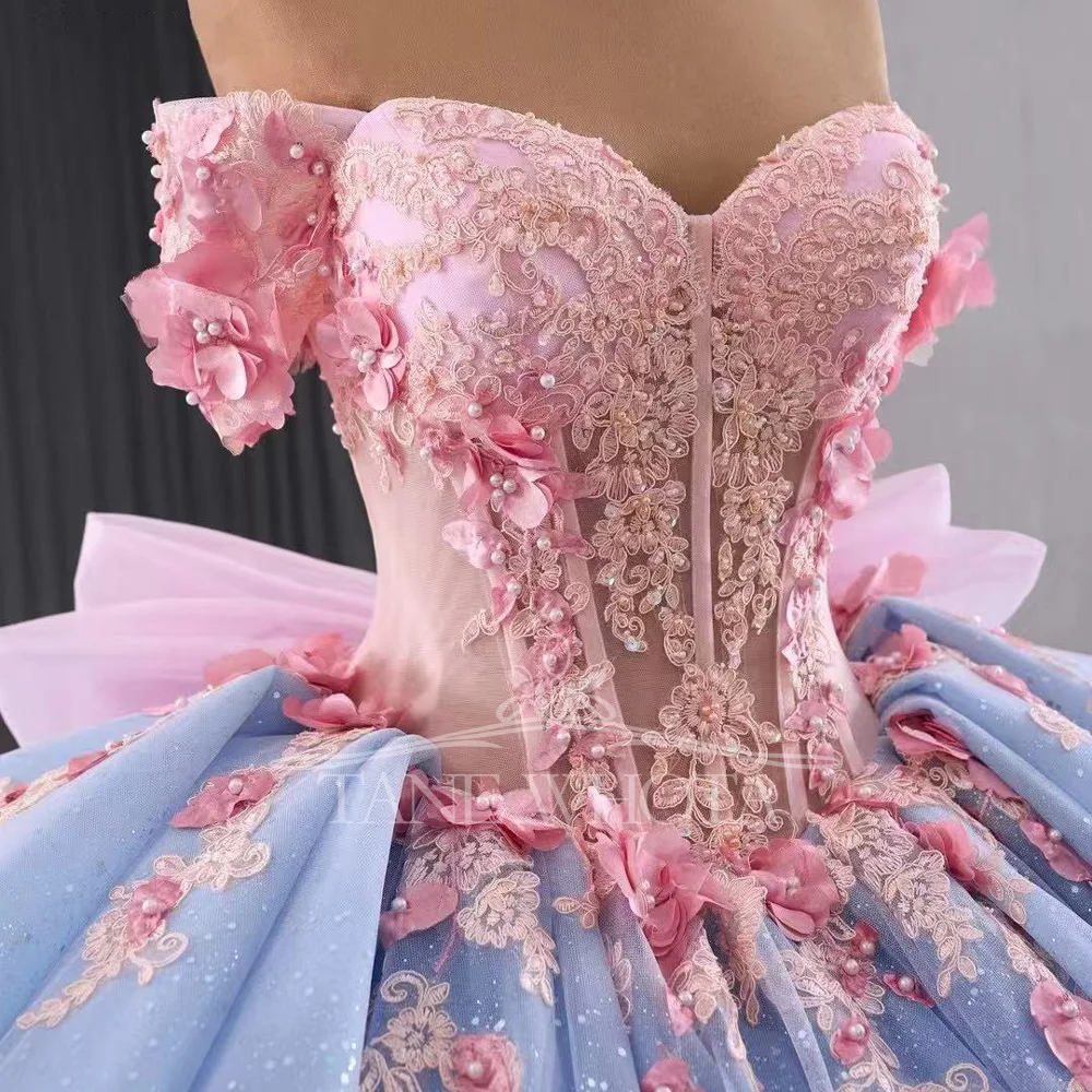 

Girls 15 Quinceanera Dresses Pink Blue Sweetheart Off-Shoulder Lace-Up Back Embroidered Beaded Sequined Appliques Bow Detail