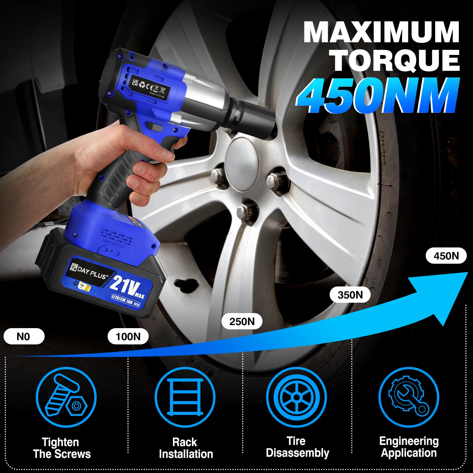 DayPlus 3 IN 1 Cordless Electric Impact Wrench Power Tool Stepless Speed Control 21V Brushless Wrench Drill Socket 3.0AH Battery