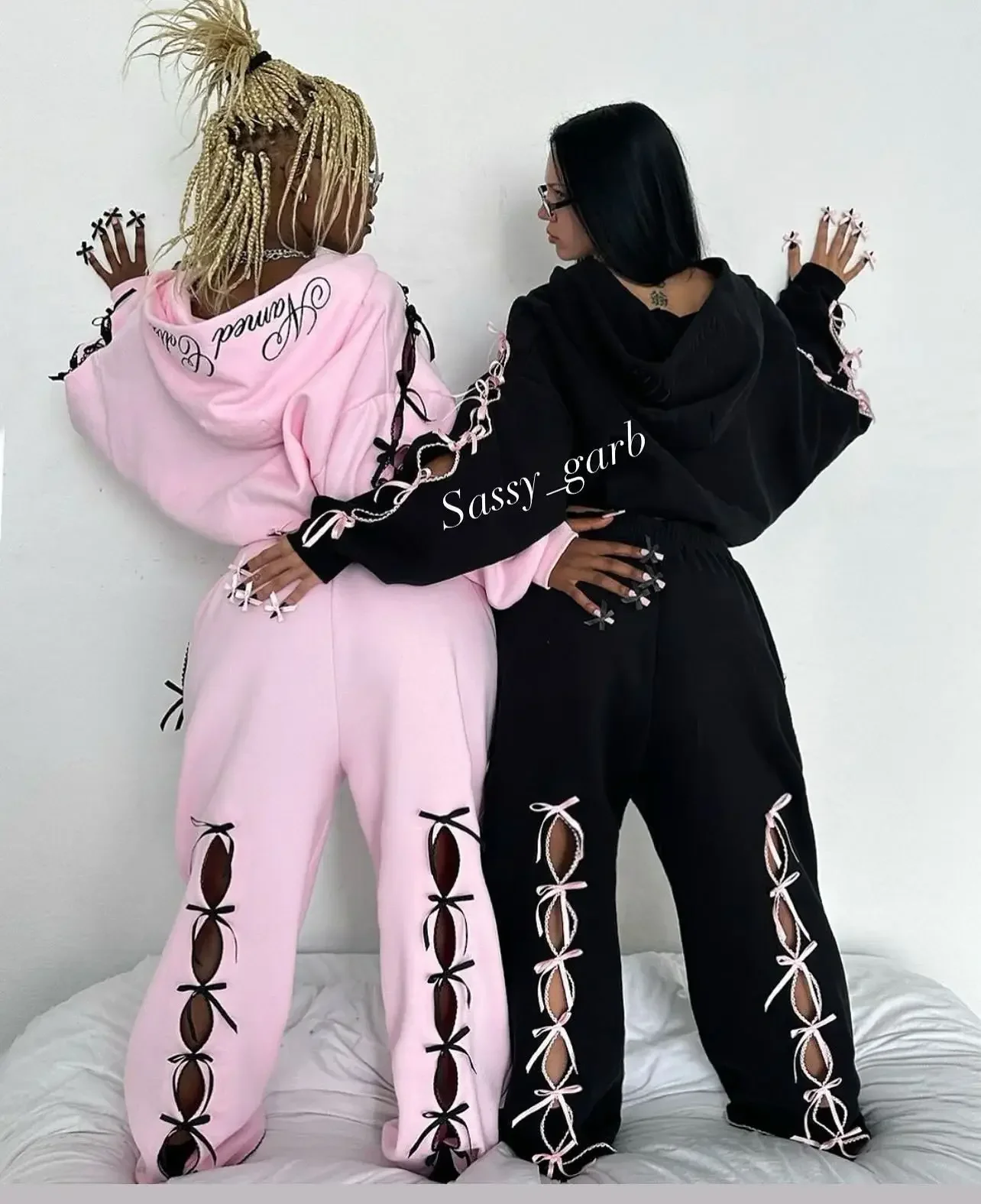 New Y2K Streetwear Sportswear Two Piece Set Women Hip Hop Rock Bow Personalized Hoodie Harajuku Fashion Zipper Hoodie Sweatpants