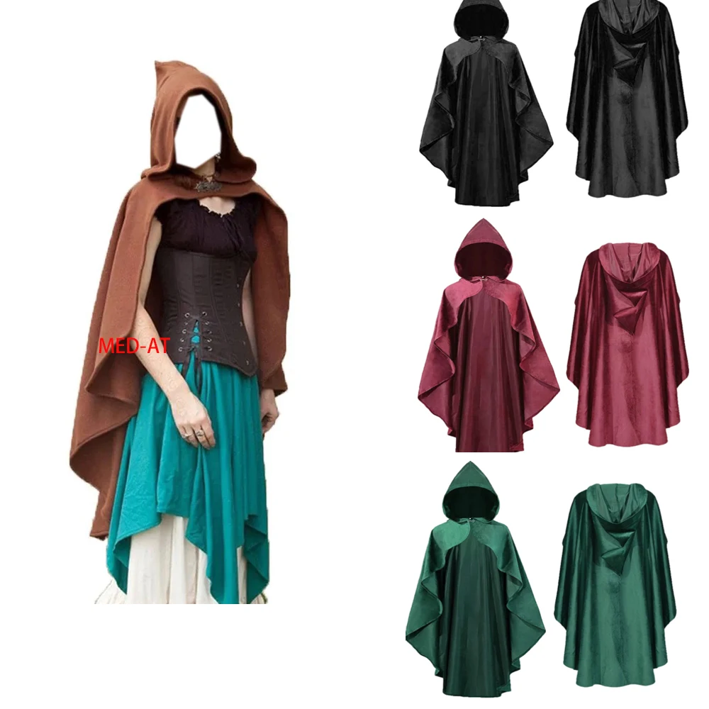 Women Pixie Hooded Cloak Adult Medieval Ancient Archer Cape Halloween Witch Outfit Celtics Gothic Cosplay Clothing