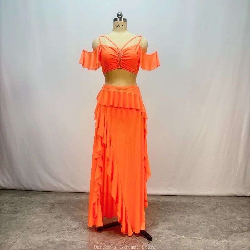 تخصيص بدلة الرقص الشرقي ممارسة DressHot الماس غزل الماء الدانتيل فستان طويل الإحساس أداء فستان مجموعة للنساء 2 قطعة