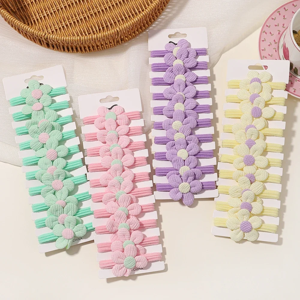 10pcs Cute Girls Nylon Flower Hair Ties Candy Elastic Bow Hair Bands Pigtails Hair Rope Rubber Hair Gum Scrunchies Accessories