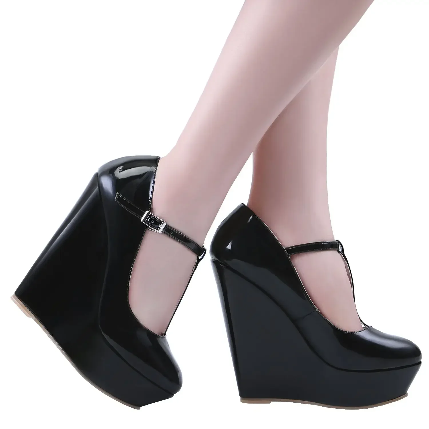

Women Platform Wedge Pumps Autumn Winter 14cm Super Round Toes High Heels T-Strap Gladiator Ladies Dress Party Wedding Shoes