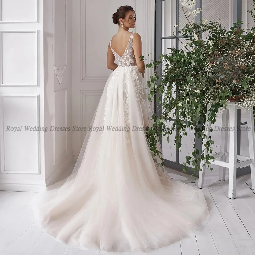 RANMO Fashion A Line Wedding Dresses Tulle V Neck High Slit Handmade Flower Applique V Neck 2022 Floor Length Gowns Robe De Ma