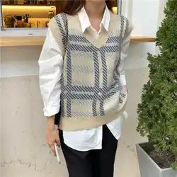 V-neck French female knitted pullover with women top sleeveless for autumn winter loose vintage sweater vest