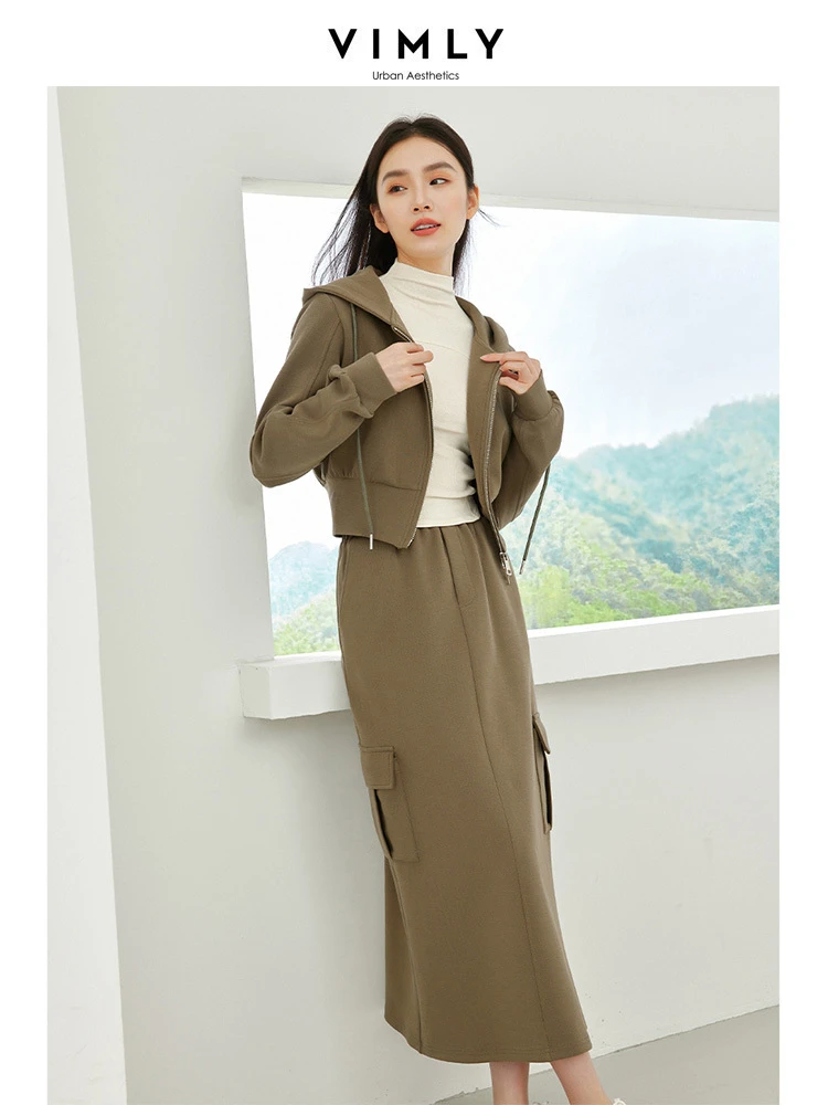 Vimly 2023 Autumn Sets for Women 2 Pieces Cropped Long Sleeve Hooded Sweatshirt Split Maxi Skirt Casual Grey Matching Sets M3737