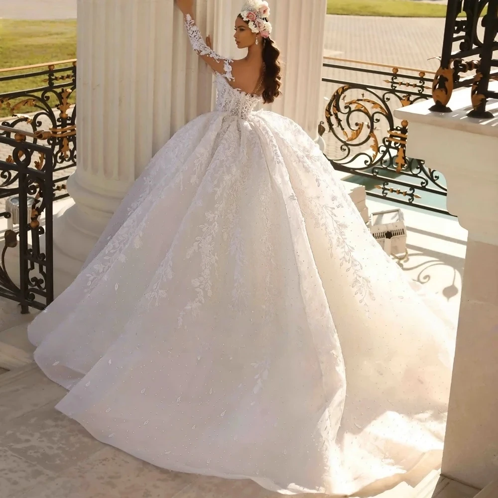 Princess Wedding Dresses Vintage Bridal Gown Beading Shinny Tulle Long Sleeves Robe Elegant Luxury Pretty Dress Customized