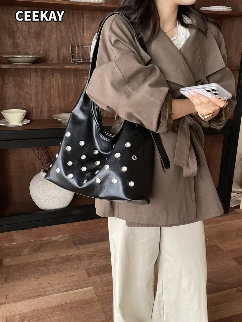 CEEKAY Women's Black Faux Leather Large Capacity Hobo Bag Pearl Detail Versatile Everyday Commute Casual Minimalist Style